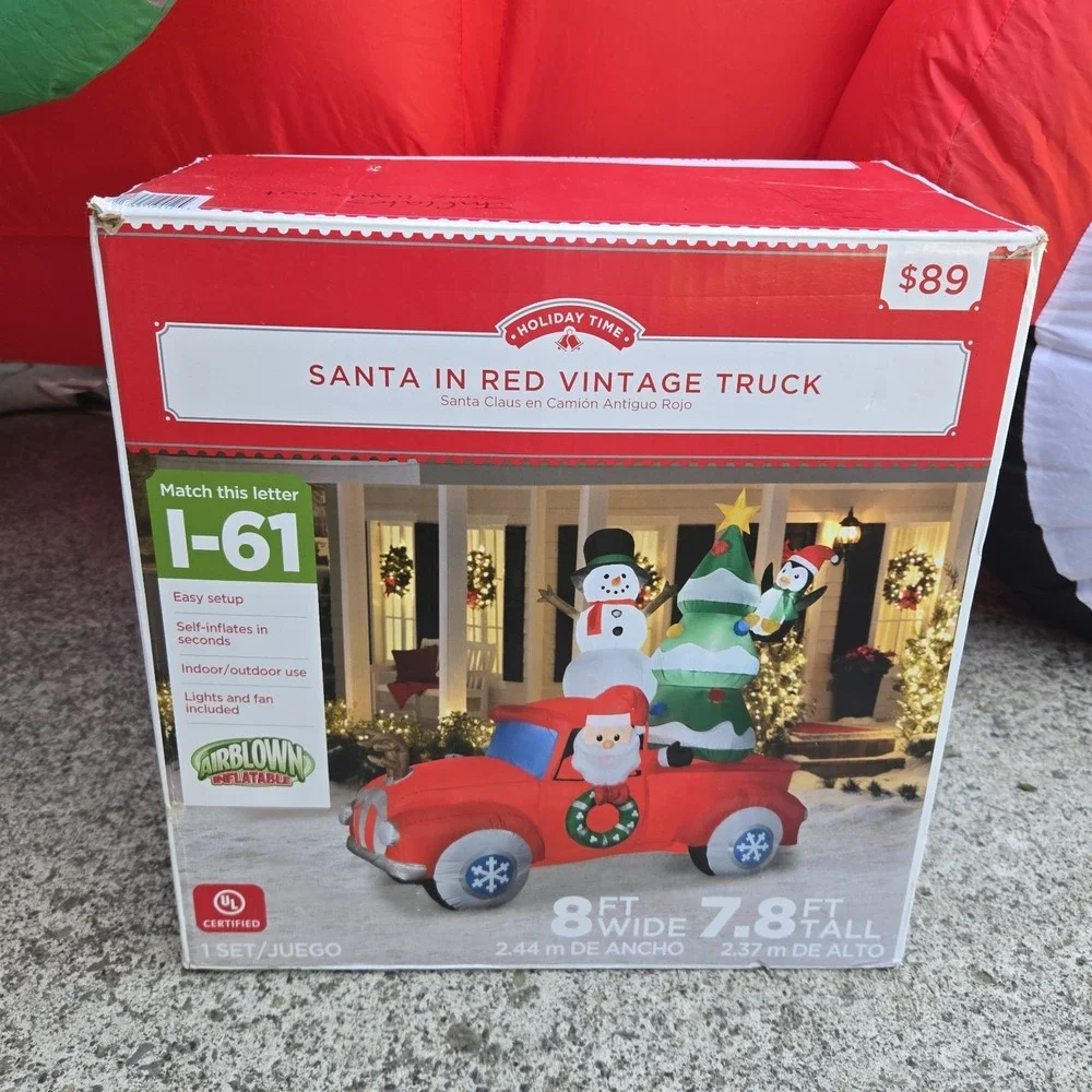 Gemmy Christmas 8 ft Tall Santa in Red Vintage Truck w/Tree Airblown Inflatable
